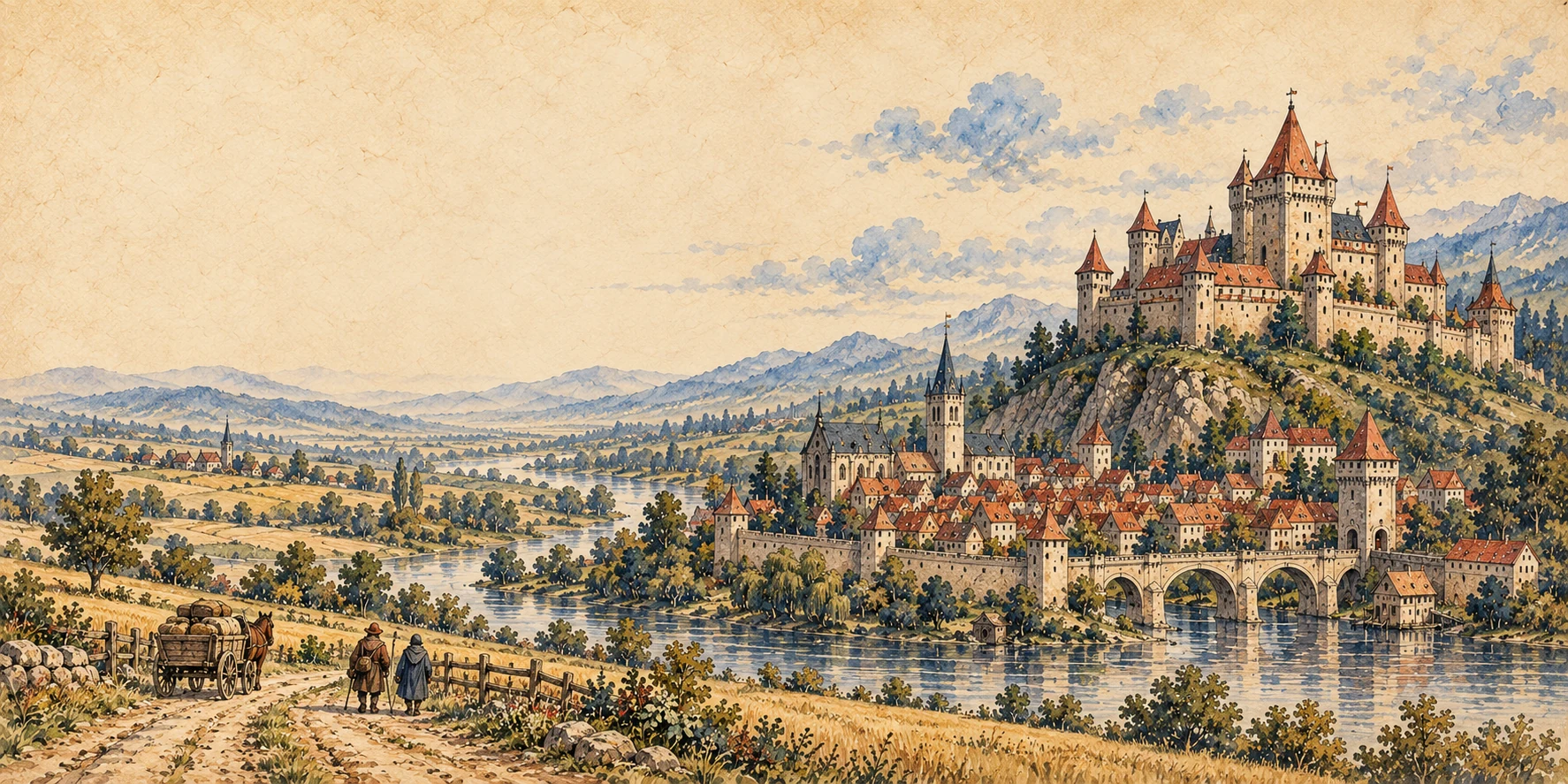 Ilustracja koncepcyjna średniowiecznego miasteczka i zamku